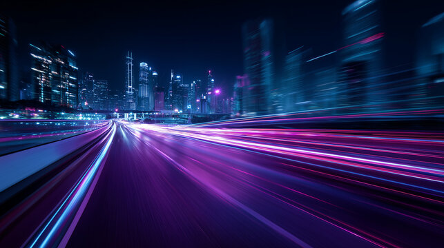 未来都市の夜景：高速道路を走る車の光跡とネオンのビル群