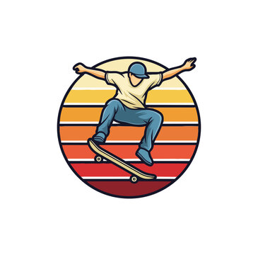 Skateboarder performing aerial trick over sunset circle vector illustration