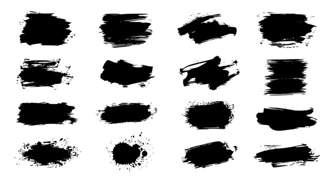Grunge brush stroke vector set with black ink paint swipes and artistic textured design elements isolated on white background