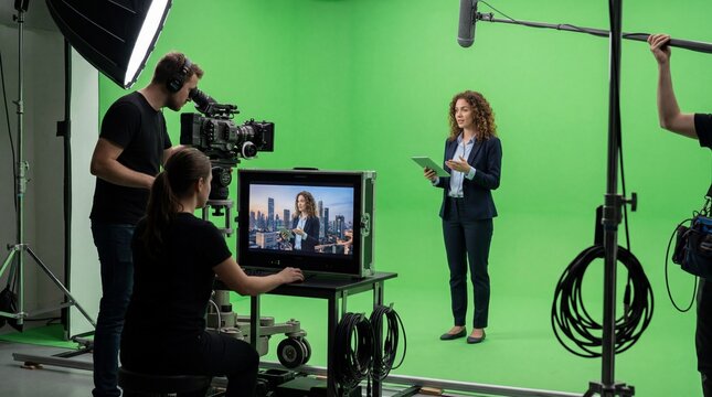 A professional news broadcast is being filmed in a studio with a green screen and advanced video equipment.