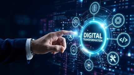 Fototapeta premium A professional hand interacts with a glowing blue Digital Transformation interface showing technology icons on a dark high tech background
