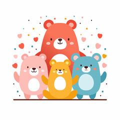 Happy group of four cartoon bears with hearts and confetti with bear cub animal characters cute illustration © madu