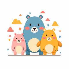Cute family of three bears in pastel colors with blue bear with pink yellow cub teddy © madu