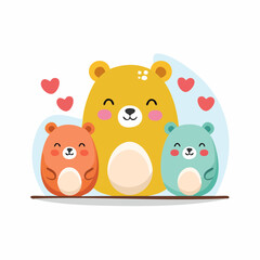 Smiling yellow bear with two small bears in pastel colors with orange teal cub © madu