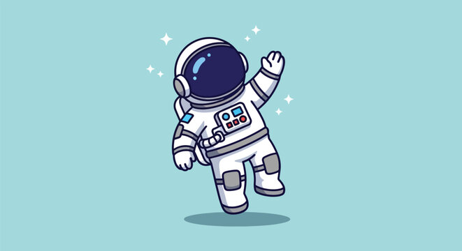 Cute Astronaut Waving Hand in Space Cartoon Illustration.