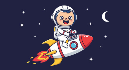Naklejka premium Astronaut child riding rocket through space with stars and moon