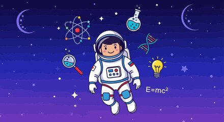 Naklejka premium Astronaut exploring space with science and education elements in a vector design