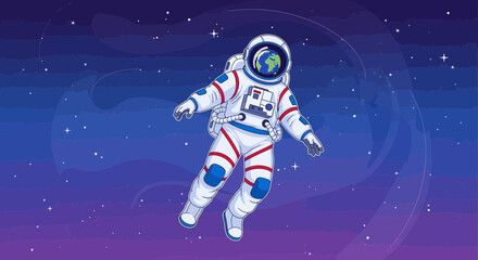 Fototapeta premium Astronaut floating in space cartoon illustration with earth in helmet