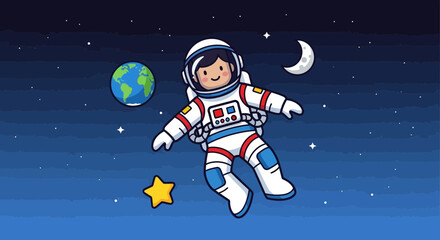 Naklejka premium Astronaut floating in space cartoon illustration with earth moon and stars