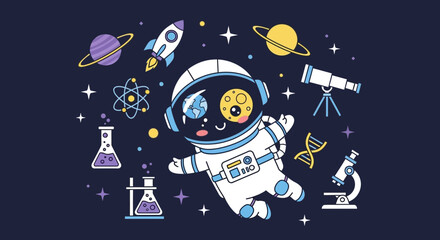 Naklejka premium Astronaut floating in space cartoon illustration with planets and science elements
