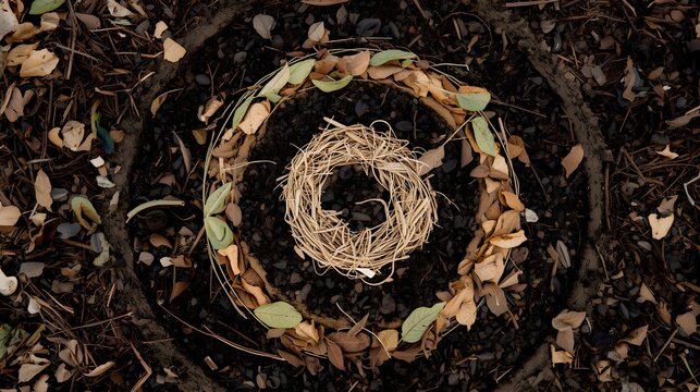 Top Down View of Organic Compost Layers in Circular Pattern