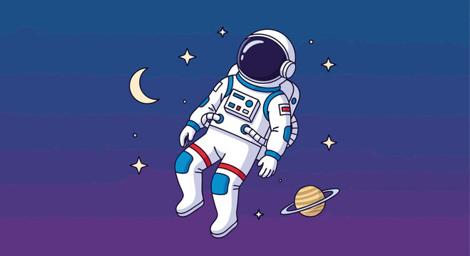 Astronaut floating in space cartoon illustration with stars and planets background