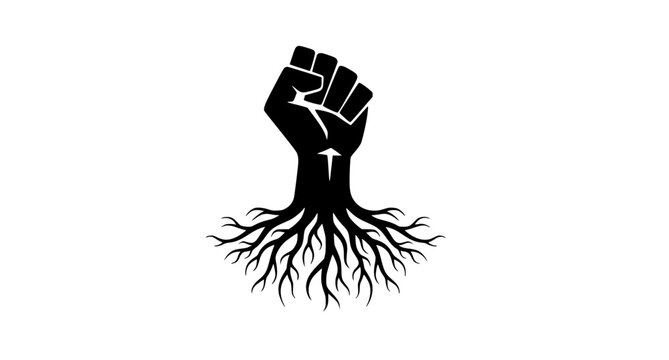Raised fist transforming into tree roots vector symbol of strength unity and nature connection