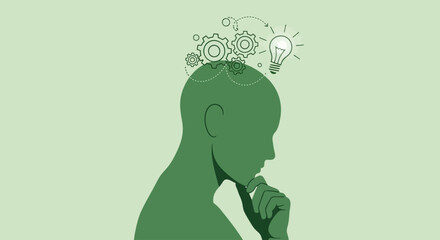 Creative thought process with lightbulb and gears above head © Ika