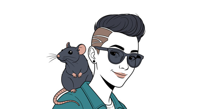 Cool young person with rat on shoulder wearing sunglasses