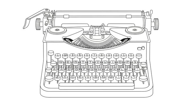 Vintage typewriter outline illustration on white background