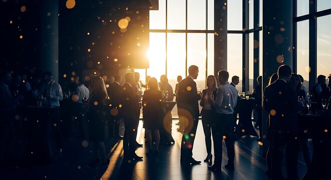 Business people networking at a sunset corporate gala in a luxury glass skyscraper lounge with warm golden bokeh lights and evening silhouettes