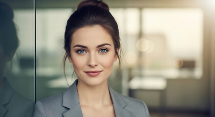 Fototapeta premium Confident businesswoman with blue eyes smiling in modern office leaning against glass wall wearing professional grey blazer and hair in a bun