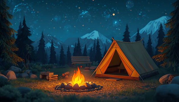 Campsite features a glowing campfire burning brightly in front of a beige tent nestled within a dark forest beneath a vast night sky filled with countless twinkling stars and distant mountain peaks.