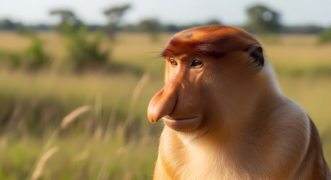 A close-up portrait of a proboscis monkey with its distinctive large nose, set against a blurred natural background.