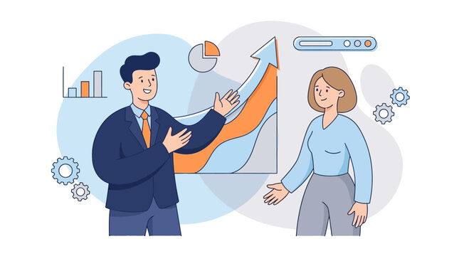 Two business people analyzing a rising sales chart together, ideal for business presentations, financial reports, teamwork concepts, success illustrations.