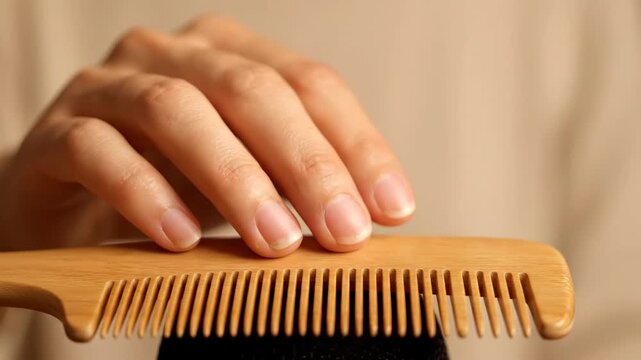 Close-up of a hand gently holding a wooden comb, brushing soft textures