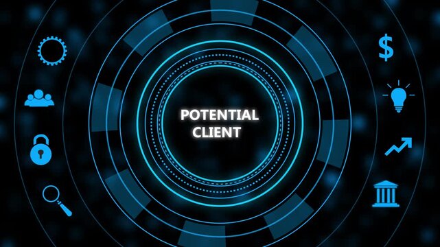 Potential client digital interface concept featuring glowing blue circular h u d with business growth including dollar sign lightbulb graph and