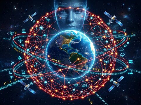 Global network and digital control concept featuring Earth surrounded by satellites, data streams, and a futuristic face representing artificial intelligence and worldwide communication.