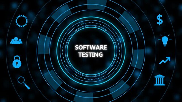 Software testing digital concept interface with glowing blue h u d and cyber security for assurance development and i t infrastructure