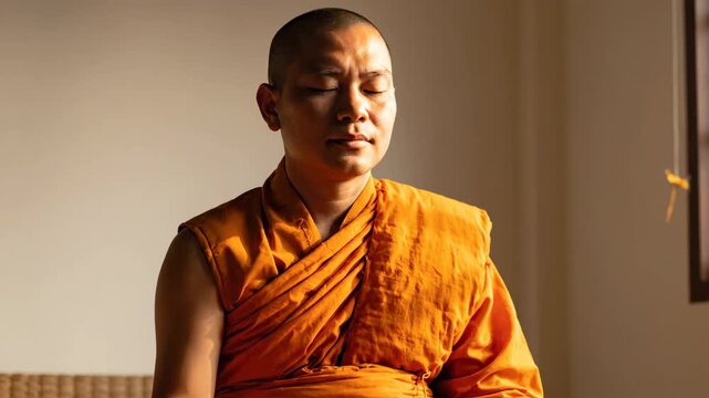 Serene Buddhist Monk Meditating Peacefully Indoors in Orange Robe