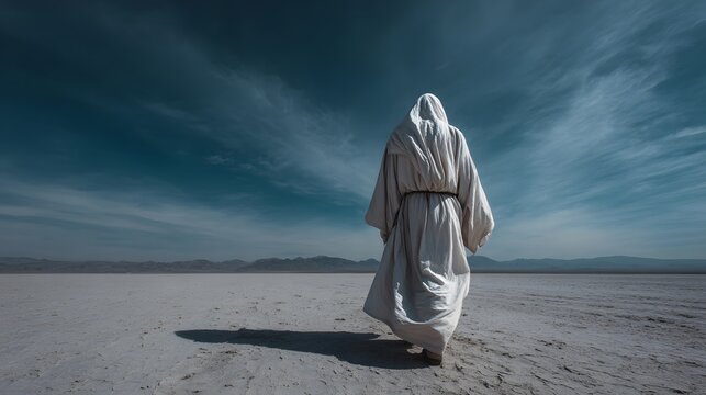 prompt A possessed man walking toward Jesus with body language suggesting emptiness rather than force or urgency + wide burial environment with sparse visual elements and distant horizon + flat ambien