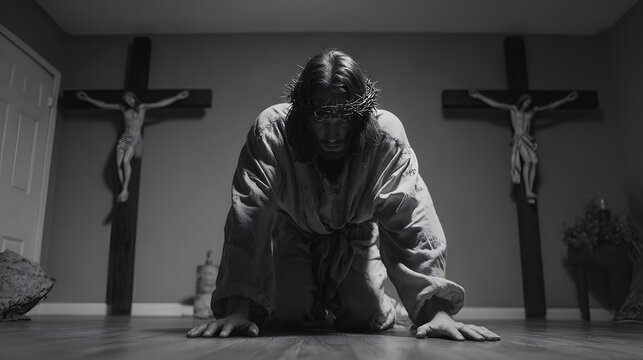 prompt A possessed man nearing Jesus with restrained movement suggesting culmination of internal struggle rather than action + simplified burial setting with minimal visual noise + calm balanced light