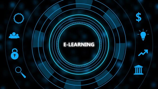 E-learning digital concept with glowing blue interface featuring circular h u d and educational for online training platforms and virtual