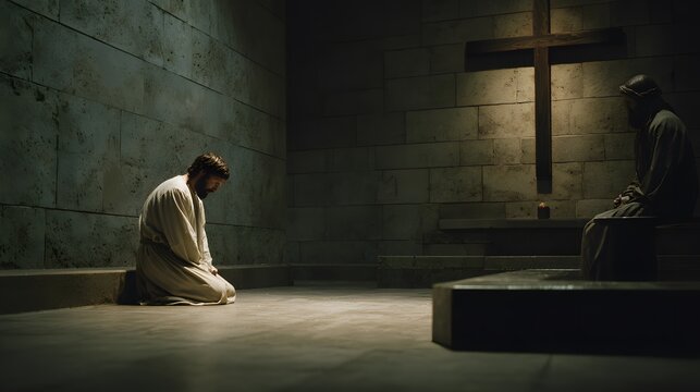 prompt A possessed man nearing Jesus with posture suggesting imminent internal realignment rather than completed change + simplified burial setting with reduced environmental noise + soft balanced lig