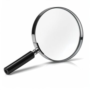 Chrome rimmed magnifying glass with black handle casting soft shadow on white background for inspection and detail visibility