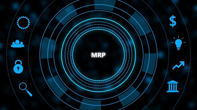 M r p maximum retail price digital interface concept featuring glowing blue circular h u d with business including dollar sign lightbulb growth