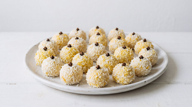 A plate of coconut kisses with chocolate filling on a white background, typical of a June festival.