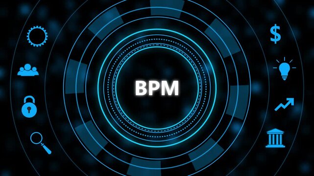 Business process management b p m digital concept with glowing blue circular interface and corporate for enterprise workflow optimization
