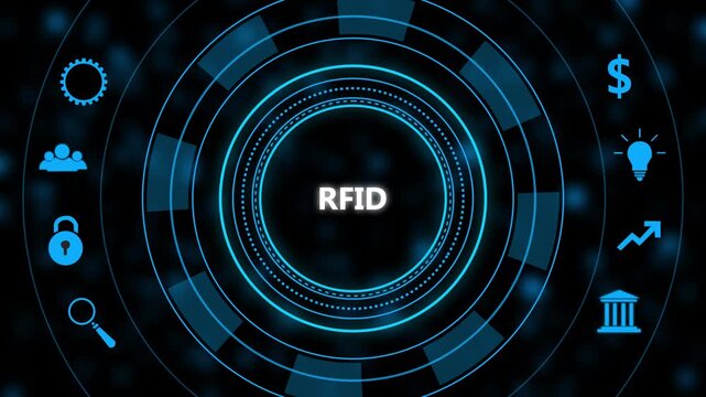R f i d technology digital interface concept with glowing blue circular h u d and abstract business representing secure wireless data