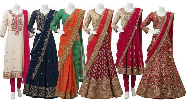 A collection of traditional Indian clothing on display on mannequins on transparent background