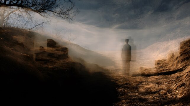 prompt A demon possessed man moving toward Jesus while the perceived distance between them appears inconsistent, symbolizing spiritual disconnection + burial landscape with compressed spatial layers c