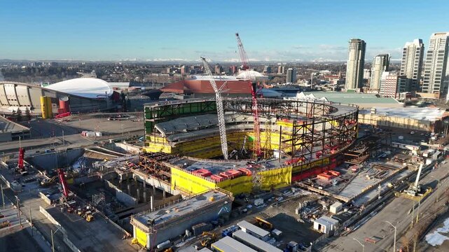 Aerial view of new hockey arena under construction in Calgary, Alberta. 