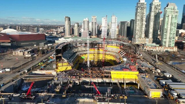 Aerial view of new hockey arena under construction in Calgary, Alberta. 