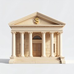 Obraz premium Classic beige bank facade with golden dollar sign emblem and symmetrical column design in a 3D rendering finance architecture