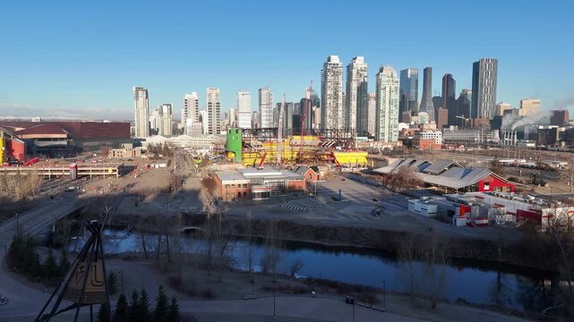 Aerial view of new hockey arena under construction in Calgary, Alberta. 