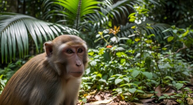 A close-up of a monkey's face with lush green foliage in the background.
