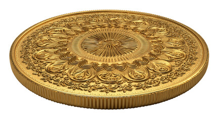 Fototapeta premium High-detail 3D golden coin with generic engraved pattern background isolated on a Transparent background, PNG file.
