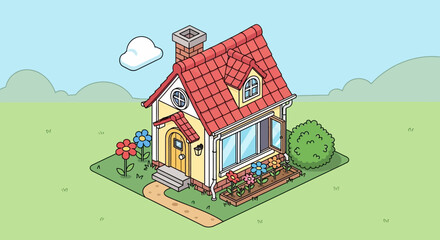 Fototapeta premium Cartoon house illustration with flowers and green landscape background