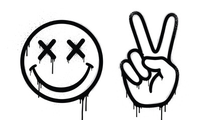 Obraz premium Minimalist black stencil dead smiley and peace sign vector set with clean lines and single drip for modern graphic design