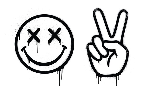 Minimalist black stencil dead smiley and peace sign vector set with clean lines and single drip for modern graphic design